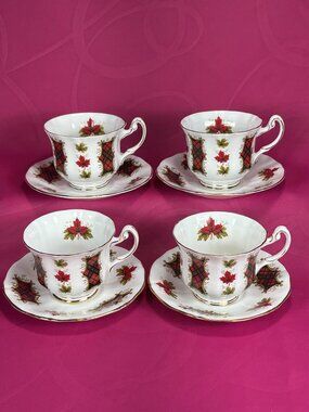 4 sets of beautiful tea cups & saucers. Royal Adderley UK Maple Leaf Tartan